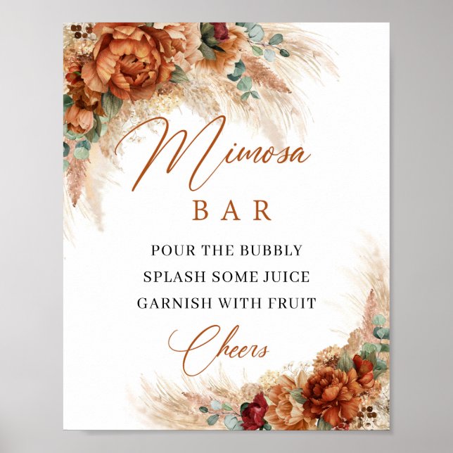 Boho terracotta and burgundy floral mimosa bar poster (Front)