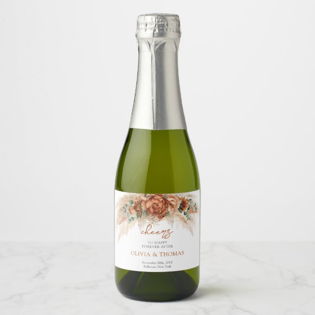 Boho Terracotta and burgundy flowers pampas grass  Sparkling Wine Label (Front)
