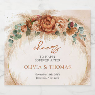 Boho Terracotta and burgundy flowers pampas grass Sparkling Wine Label