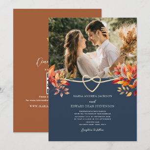 Boho Terracotta and Navy Blue Wedding Invitation