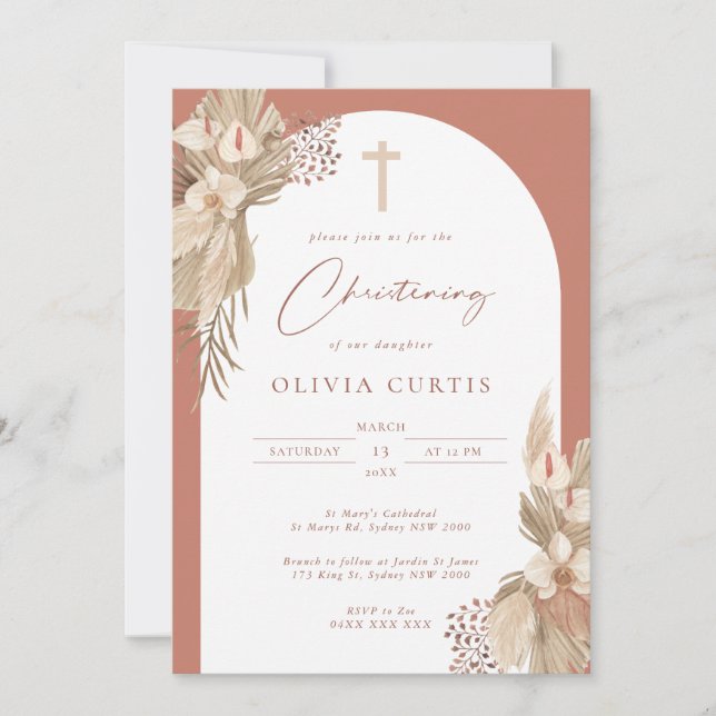 Boho Terracotta Arch Pampas Grass Christening Invitation (Front)