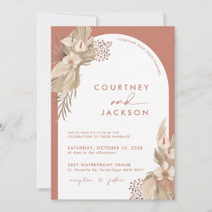 Boho Terracotta Arch Pampas Grass Wedding  Invitation