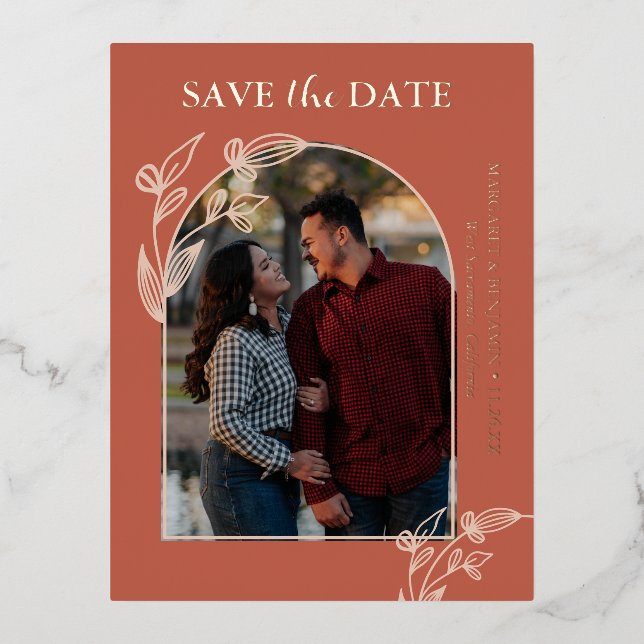 Boho Terracotta Arch Photo Floral Save The Date Foil Holiday Postcard (Front)