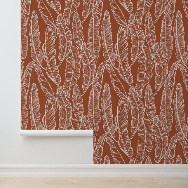 Boho Terracotta Banana Leaves Print Wallpaper (Application)