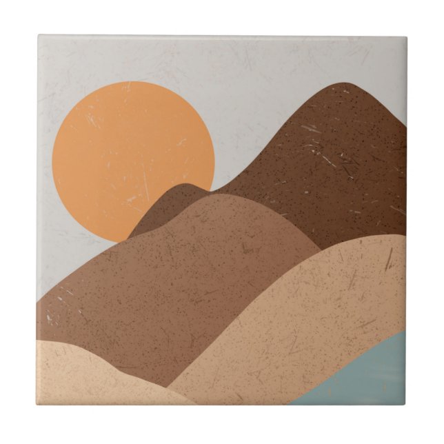 Boho Terracotta Bisque Desert Sun Mountains Tile (Front)