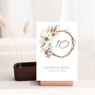 Boho Terracotta Brown Dried Floral Wreath Wedding Table Number