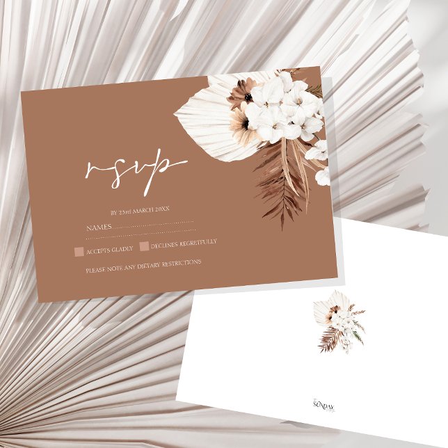 Boho Terracotta Brown Pampas Grass Floral Wedding RSVP Card (Boho Terracotta Brown Pampas Grass Floral Wedding RSVP Card)