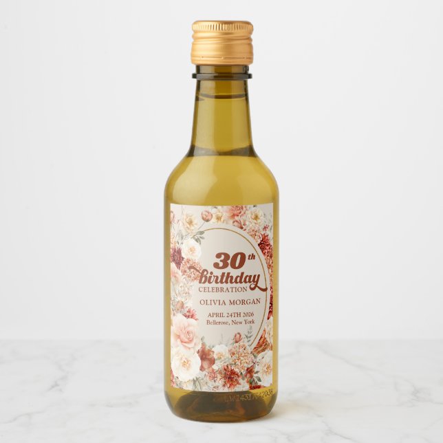 Boho terracotta burgundy floral 30th birthday wine label (Front)