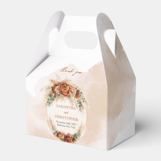 Boho terracotta burgundy floral eucalyptus gold favor box (Front Side)