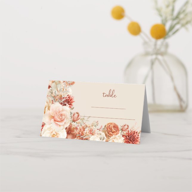 Boho terracotta burgundy floral eucalyptus place card (Front)