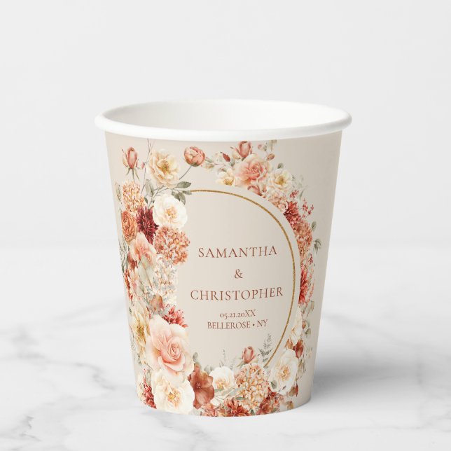 Boho terracotta burgundy floral eucalyptus wedding paper cups (Front)
