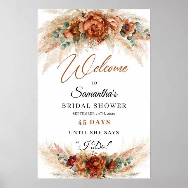Boho terracotta burgundy floral pampas Count down  Poster (Front)