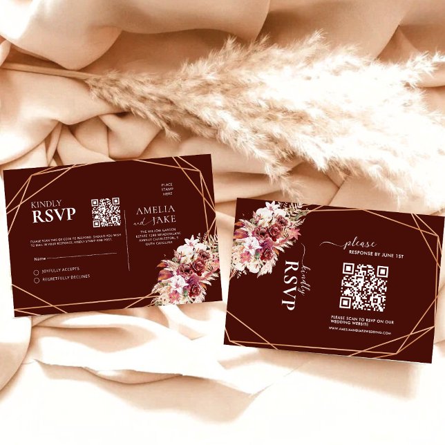 Boho Terracotta & Burgundy Floral QR Code Wedding  RSVP Card (Creator Uploaded)
