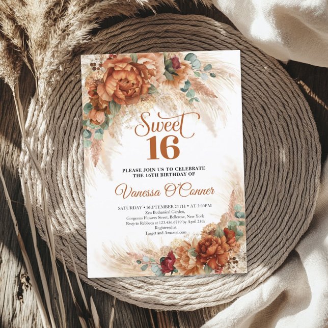 Boho terracotta burgundy flowers sweet sixteen invitation (Boho terracotta burgundy flowers sweet sixteen invitation)
