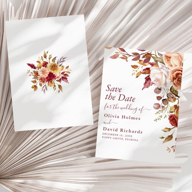 Boho Terracotta Burnt Orange Floral Wedding Save The Date (Boho Terracotta Burnt Orange Floral Wedding Save The Date on a sunny neutral dry palm leaf.)