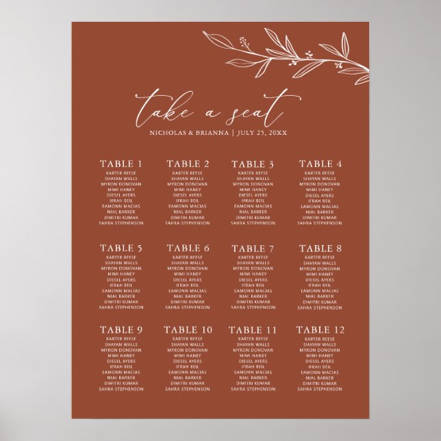 Boho Terracotta Burnt Orange Wedding Seating Chart (Front)