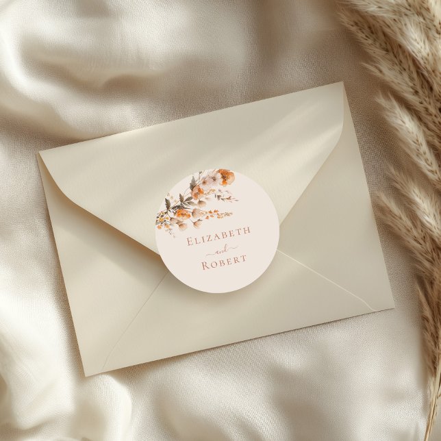 Boho Terracotta Burnt Orange Wildflowers Wedding Classic Round Sticker (Boho Terracotta Burnt Orange Wildflowers Wedding Classic Round Sticker on a wedding envelope)
