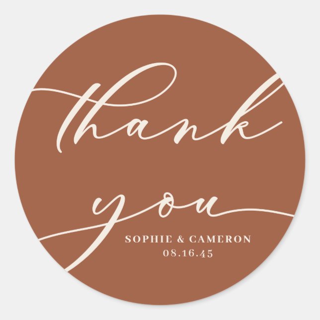 Boho Terracotta Calligraphy Wedding Thank You Classic Round Sticker (Front)