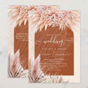 BOHO Terracotta Coral Pampas Grass Wedding Invitation