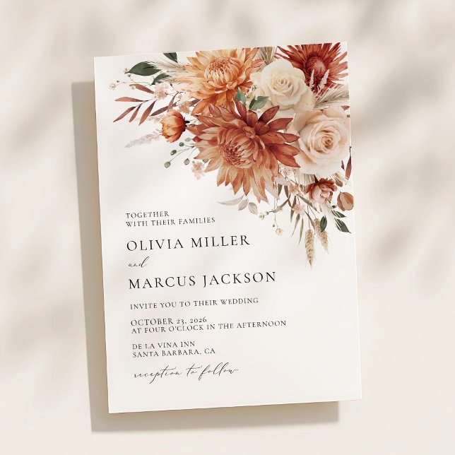 Boho Terracotta Dahlia Rose Wedding Invitation (Terracotta dahlia floral wedding invitation with elegant typography and warm autumn design)