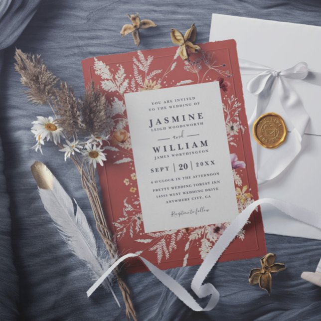 Boho Terracotta Dried Blooms Rustic Modern Wedding Invitation (Creator Uploaded)
