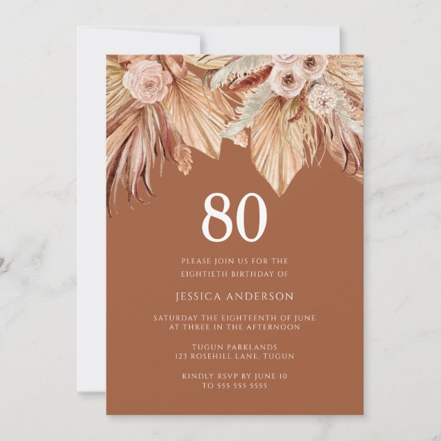 Boho Terracotta Dried Floral 80th Birthday Party Invitation (Front)