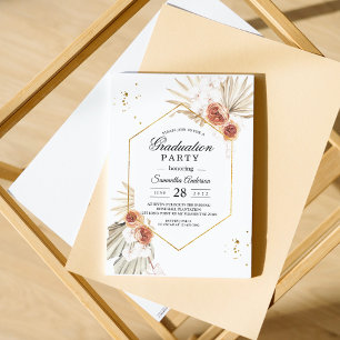 Boho Terracotta Dried Palm & Rose Graduation Party Invitation