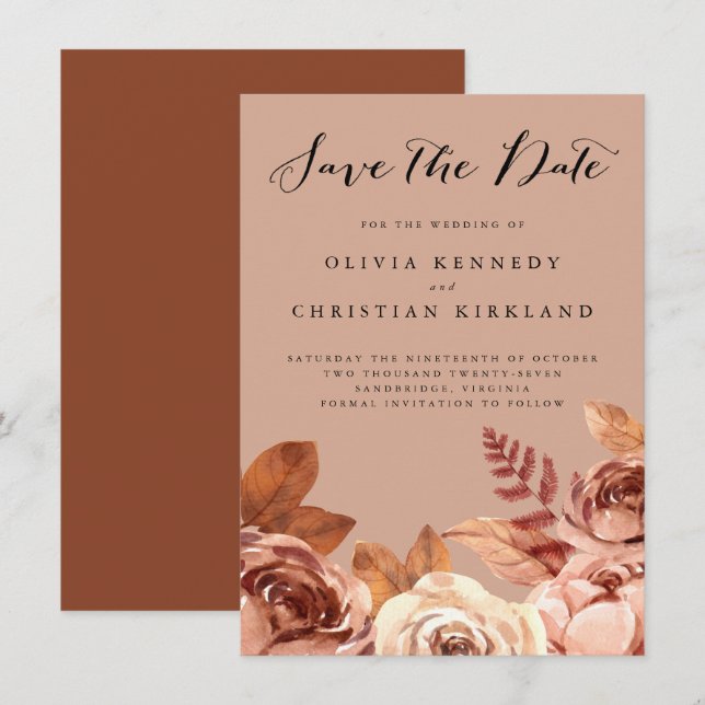 Boho Terracotta Earth Tone Botanical Save the Date Announcement (Front/Back)