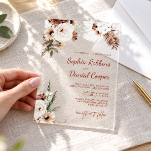 Boho Terracotta Fall Dried Palm Floral Wedding Acrylic Invitations