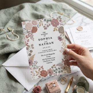 Boho Terracotta Floral Botanical Dusty Rose Woodsy Invitation