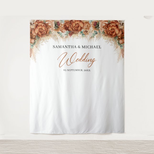 Boho terracotta floral copper pampas grass wedding tapestry (Front)