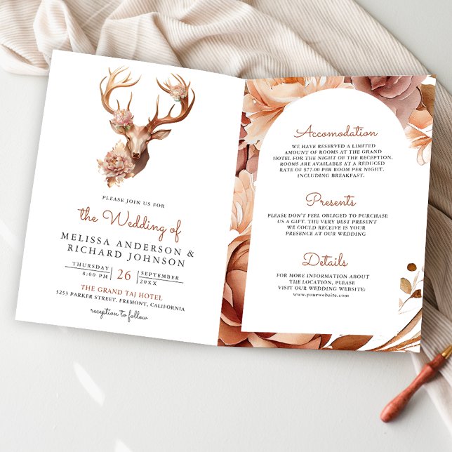 Boho Terracotta Floral Deer QR Code Wedding Invitation (Creator Uploaded)