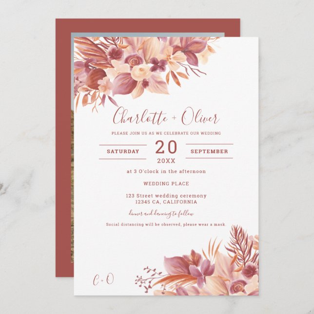 Boho terracotta floral desert pampas photo wedding invitation (Front/Back)
