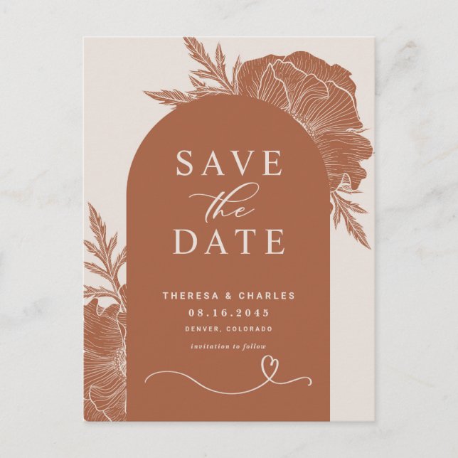 Boho Terracotta Floral Line Arch Save the Date Announcement Postcard (Front)