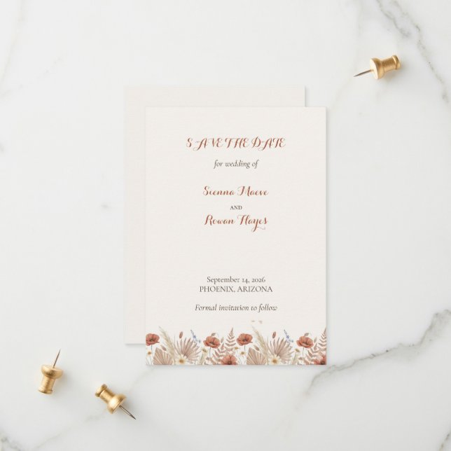 Boho Terracotta Floral & Pampas Grass Save The Date (Front/Back In Situ)