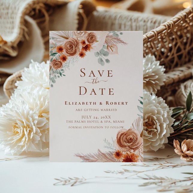 Boho Terracotta Floral Pampas Grass Save the Date Invitation (Boho Terracotta Floral Pampas Grass Save the Date Invitation on a sunny table with boho flowers)