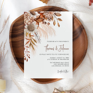 Boho Terracotta Floral Pampas Grass Wedding Invitation