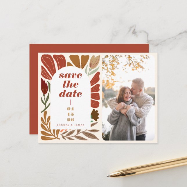 Boho Terracotta Floral Save the Date Wedding Photo Announcement Postcard (Front/Back In Situ)