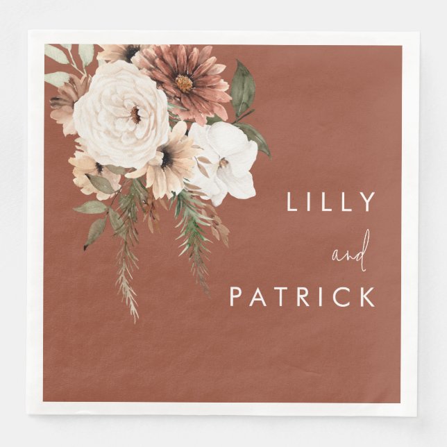Boho Terracotta Floral Wedding Engagement Party Napkin (Front)