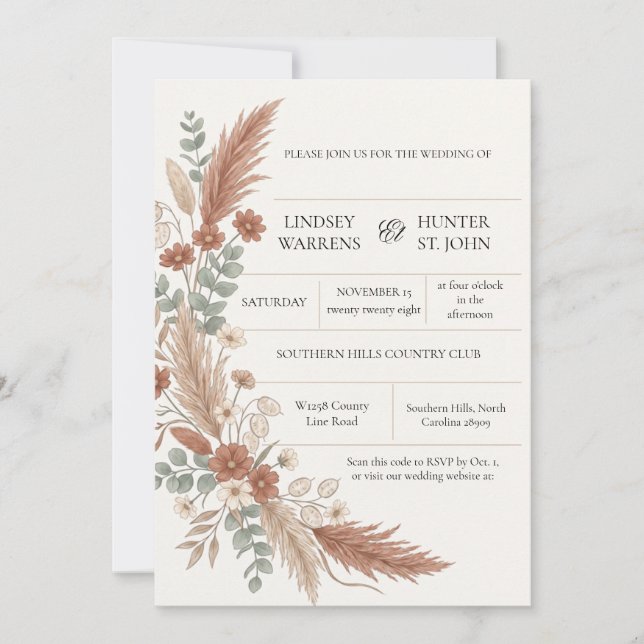 Boho Terracotta Floral Wedding Invitation (Front)