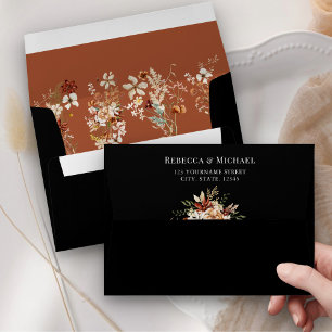 Boho Terracotta Floral Wildflower Black Wedding Envelope
