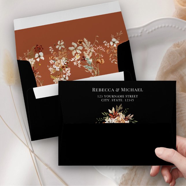 Boho Terracotta Floral Wildflower Black Wedding Envelope (Creator Uploaded)
