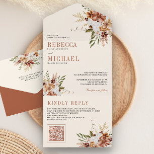 Boho Terracotta Floral Wildflower Cream Wedding All In One Invitation