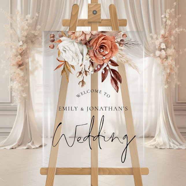 Boho Terracotta Florals Autumn Welcome Wedding Acrylic Sign (Creator Uploaded)
