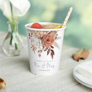 Boho Terracotta Florals Congrats Mr Mrs Wedding  Paper Cups