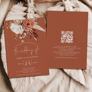 Boho Terracotta Florals QR Code Rust Wedding Invitation