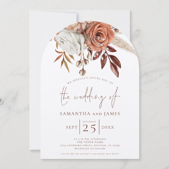 Boho Terracotta Florals QR Code Wedding Arch Invitation (Front)