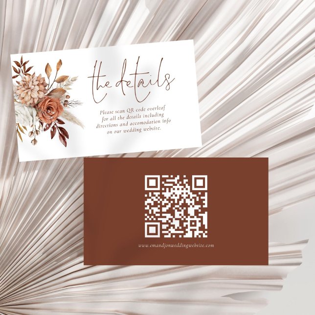 Boho Terracotta Florals QR Code Wedding Details Enclosure Card (Front and back view)