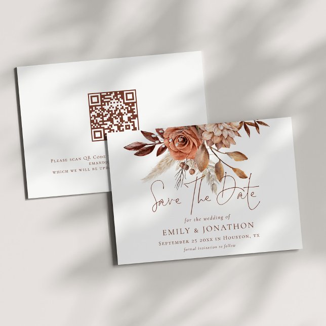 Boho Terracotta Florals QR Code Wedding Save The Date (Front and back view)