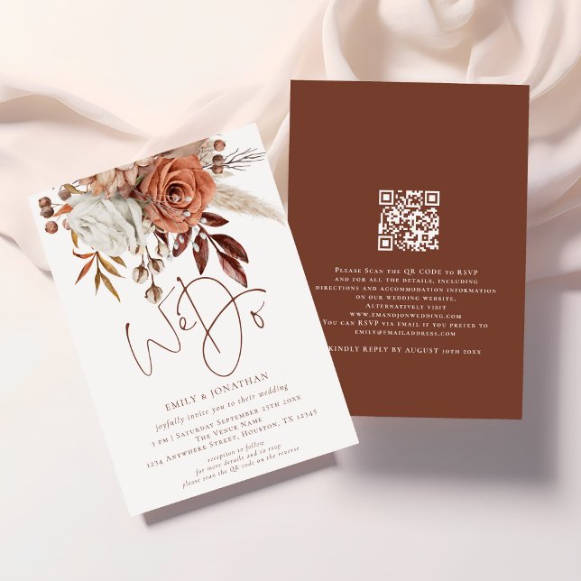 Boho Terracotta Florals We Do QR Code Wedding Invitation (Front and back view)